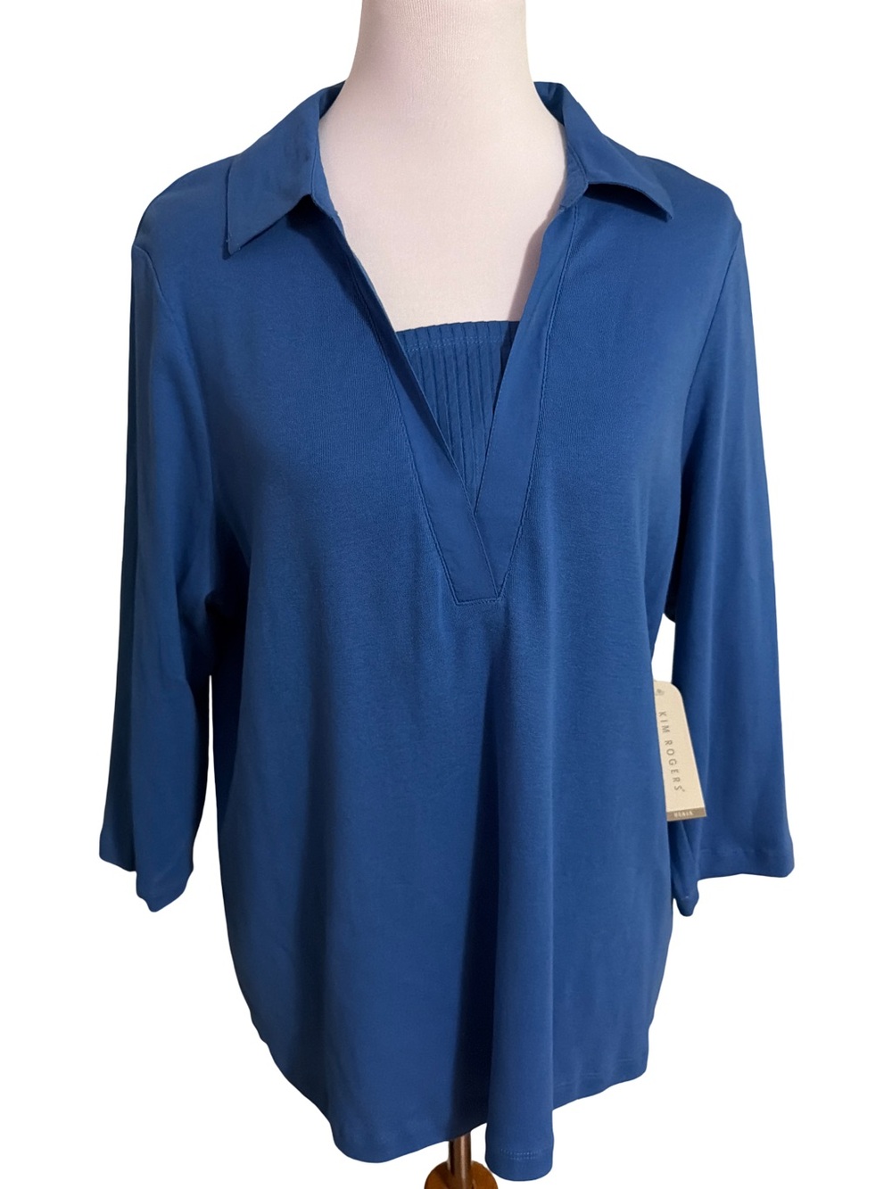 Kim Rogers Deep Blue Split V-Neck Collared Blouse